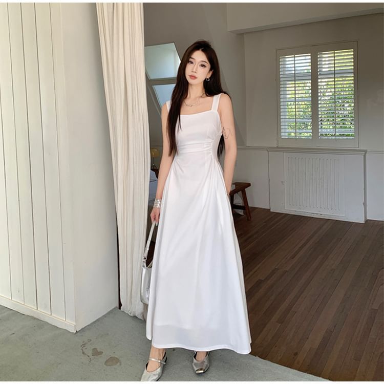 Square Neck Sleeveless Ruched A-Line Maxi Dress