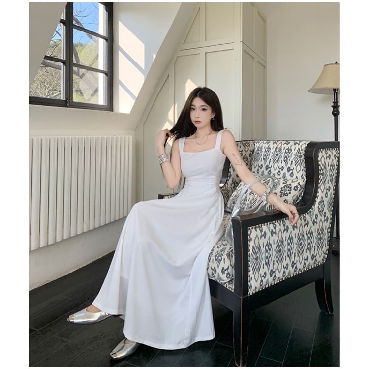 Square Neck Sleeveless Ruched A-Line Maxi Dress