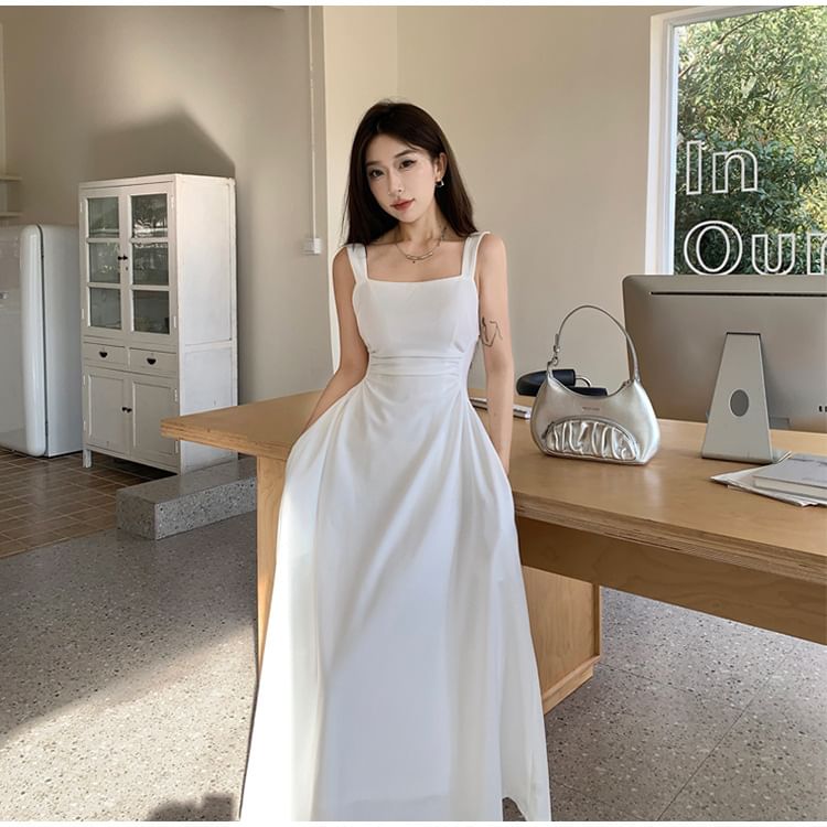 Square Neck Sleeveless Ruched A-Line Maxi Dress