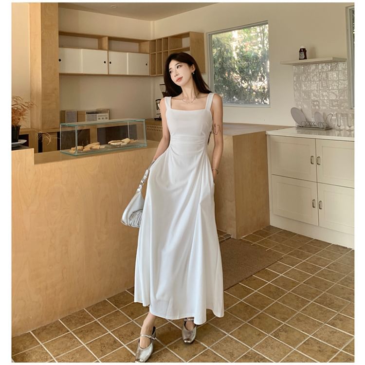 Square Neck Sleeveless Ruched A-Line Maxi Dress