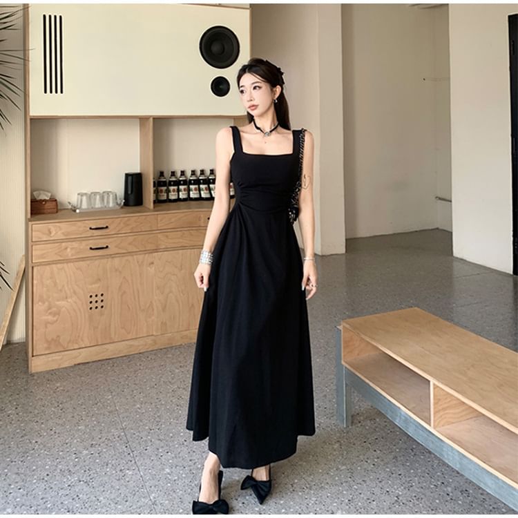 Square Neck Sleeveless Ruched A-Line Maxi Dress