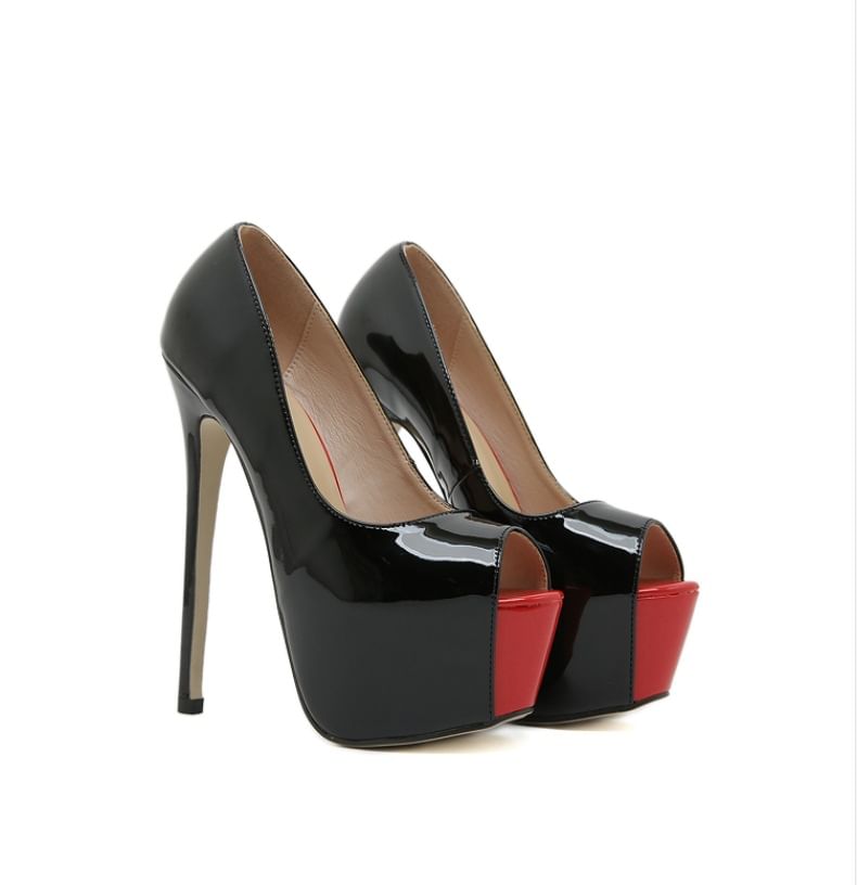 Stiletto Peep Toe Two Tone Patent Leather Sandals