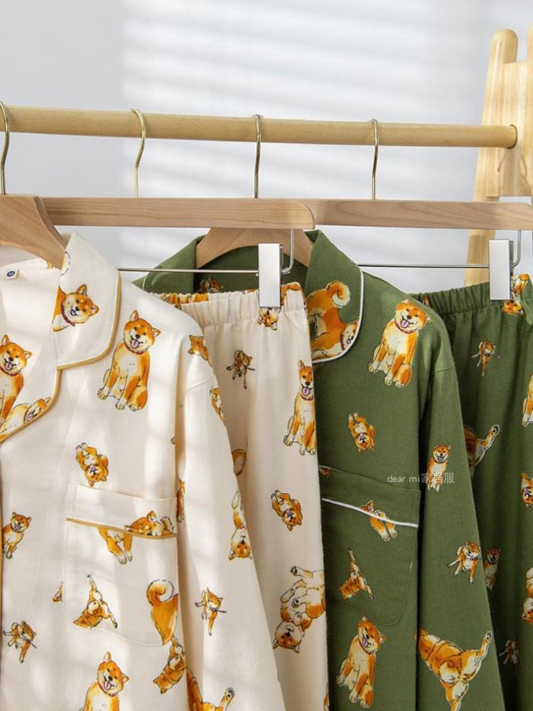 Couple Matching Pajama Set: Long-Sleeve Collar Dog Print Button Top + Pants (Various Designs)