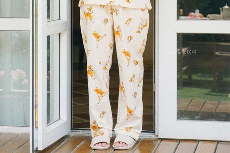 Couple Matching Pajama Set: Long-Sleeve Collar Dog Print Button Top + Pants (Various Designs)