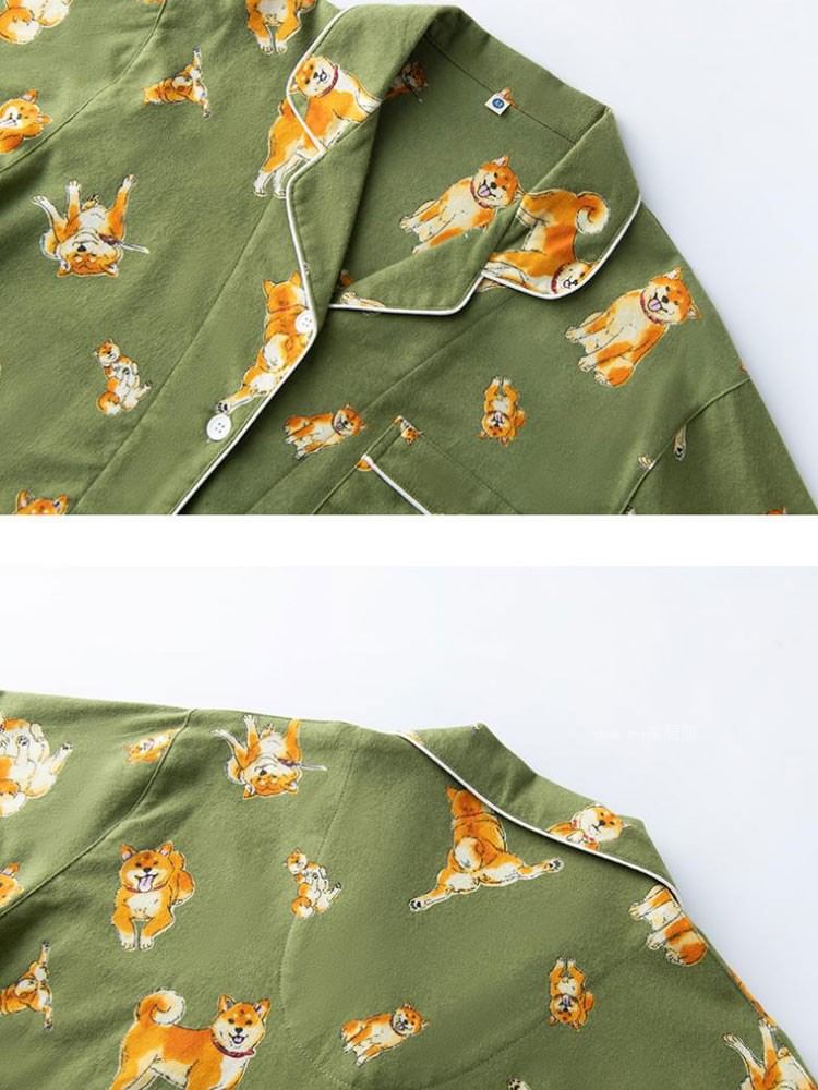Couple Matching Pajama Set: Long-Sleeve Collar Dog Print Button Top + Pants (Various Designs)