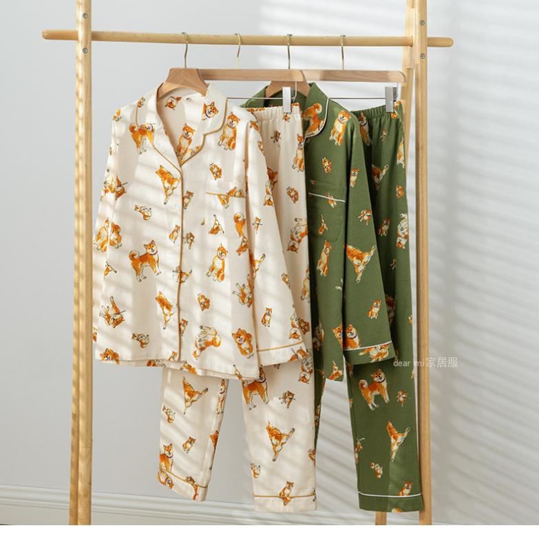 Couple Matching Pajama Set: Long-Sleeve Collar Dog Print Button Top + Pants (Various Designs)