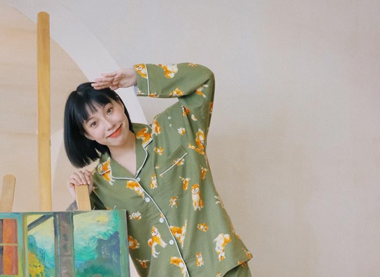 Couple Matching Pajama Set: Long-Sleeve Collar Dog Print Button Top + Pants (Various Designs)