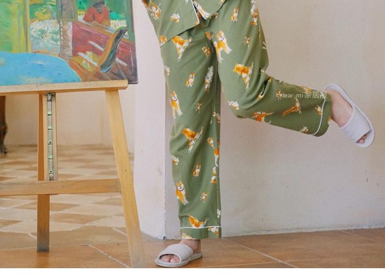 Couple Matching Pajama Set: Long-Sleeve Collar Dog Print Button Top + Pants (Various Designs)