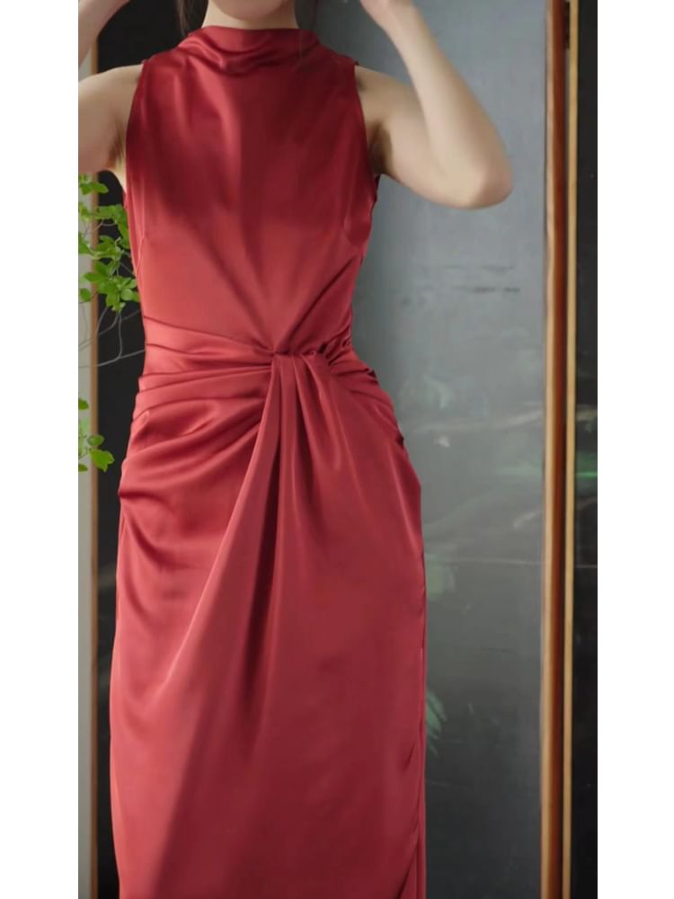 Mock Neck Sleeveless Ruched Bodycon Maxi Dress