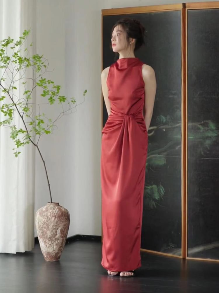 Mock Neck Sleeveless Ruched Bodycon Maxi Dress