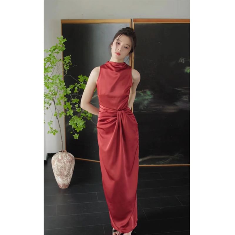Mock Neck Sleeveless Ruched Bodycon Maxi Dress