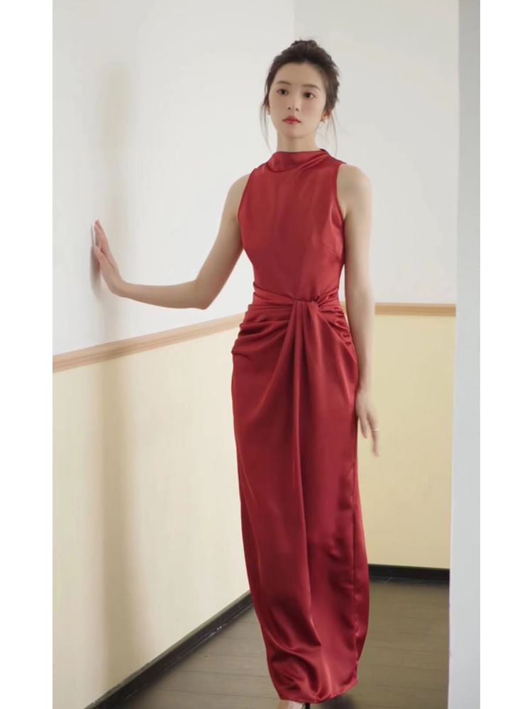 Mock Neck Sleeveless Ruched Bodycon Maxi Dress