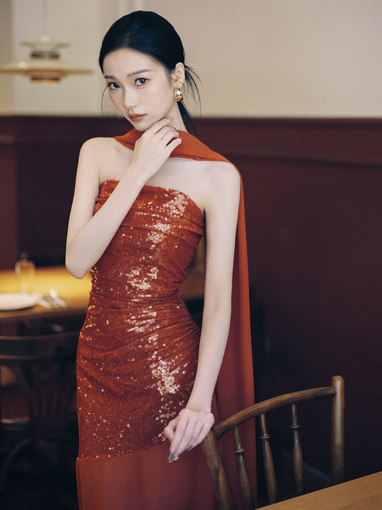 Strapless Sequin Panel Sheath Evening Gown