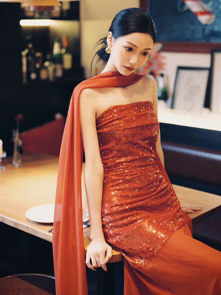 Strapless Sequin Panel Sheath Evening Gown