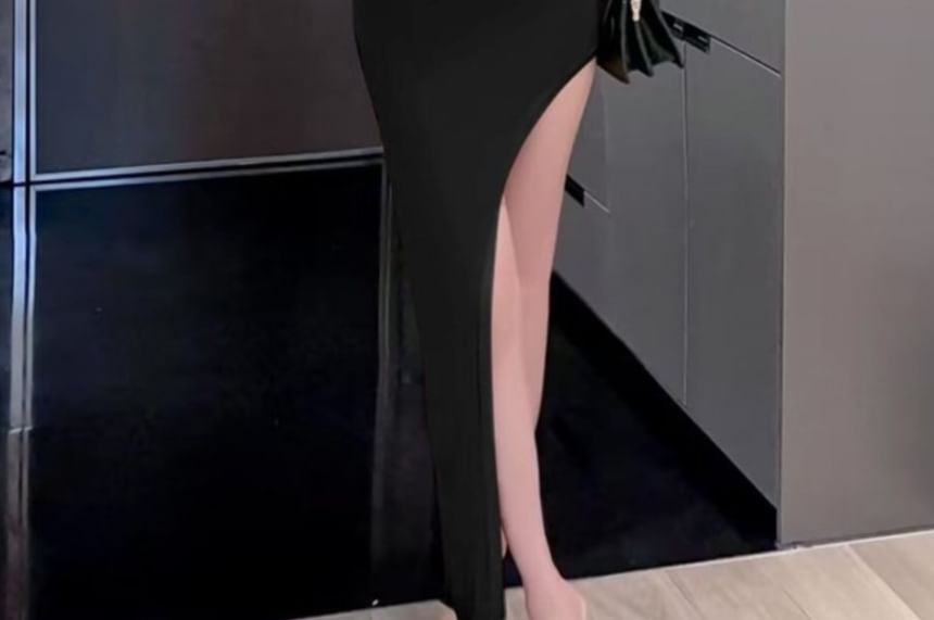 One Shoulder Sleeveless Slit Sheath Maxi Dress