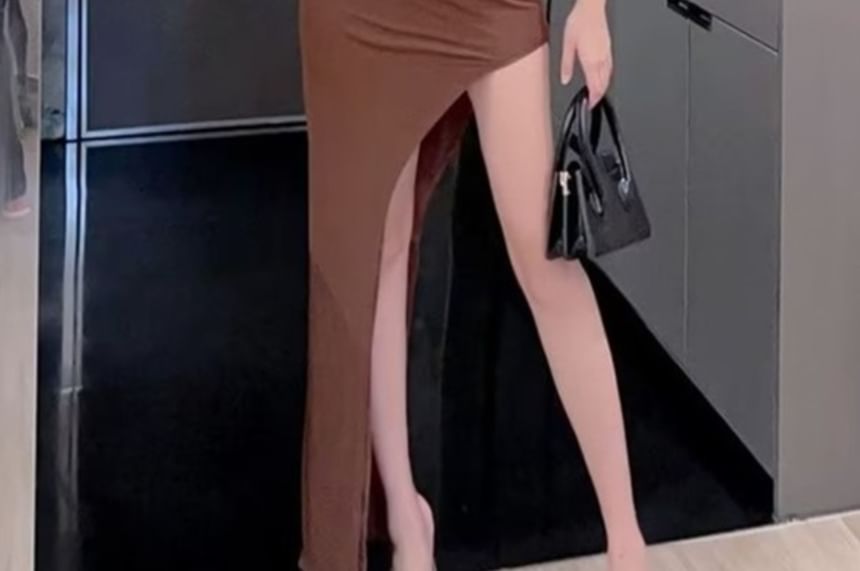 One Shoulder Sleeveless Slit Sheath Maxi Dress