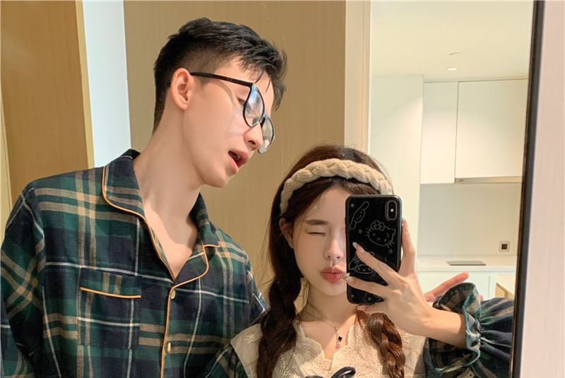 Couple Matching Long Sleeve Collared Plaid Pajama Shirt / V-Neck Bow Ruffle Panel Blouse / Straight Leg Pants / Set (Various Designs)