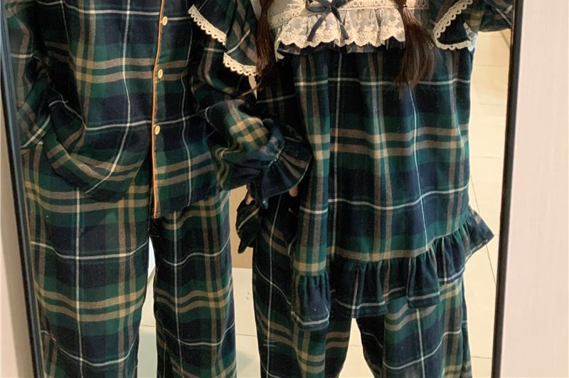 Couple Matching Long Sleeve Collared Plaid Pajama Shirt / V-Neck Bow Ruffle Panel Blouse / Straight Leg Pants / Set (Various Designs)