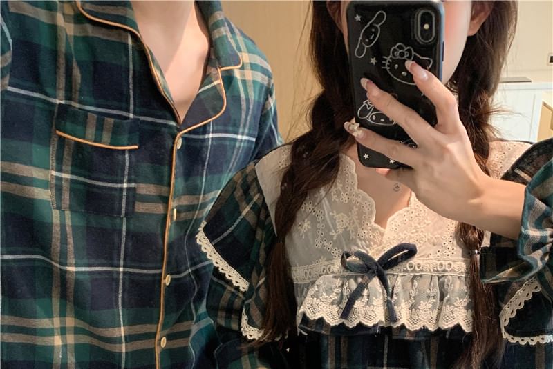 Couple Matching Long Sleeve Collared Plaid Pajama Shirt / V-Neck Bow Ruffle Panel Blouse / Straight Leg Pants / Set (Various Designs)