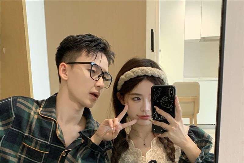 Couple Matching Long Sleeve Collared Plaid Pajama Shirt / V-Neck Bow Ruffle Panel Blouse / Straight Leg Pants / Set (Various Designs)