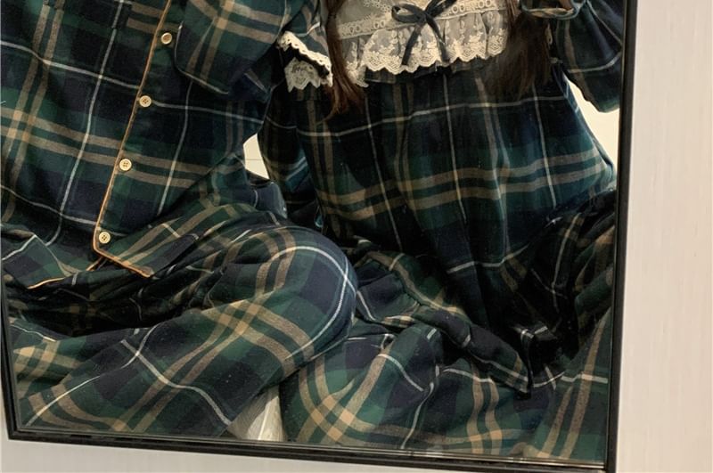 Couple Matching Long Sleeve Collared Plaid Pajama Shirt / V-Neck Bow Ruffle Panel Blouse / Straight Leg Pants / Set (Various Designs)