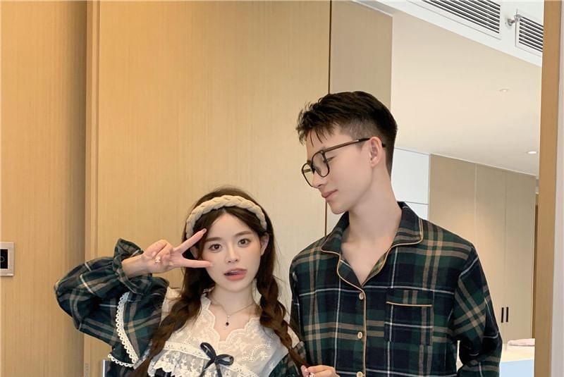 Couple Matching Long Sleeve Collared Plaid Pajama Shirt / V-Neck Bow Ruffle Panel Blouse / Straight Leg Pants / Set (Various Designs)