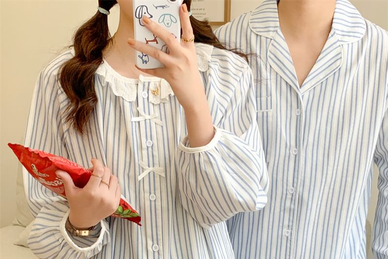 Couple Matching Long Sleeve Round Neck Striped Bow Pajama Blouse / Collared Shirt / Straight Leg Pants / Set (Various Designs)