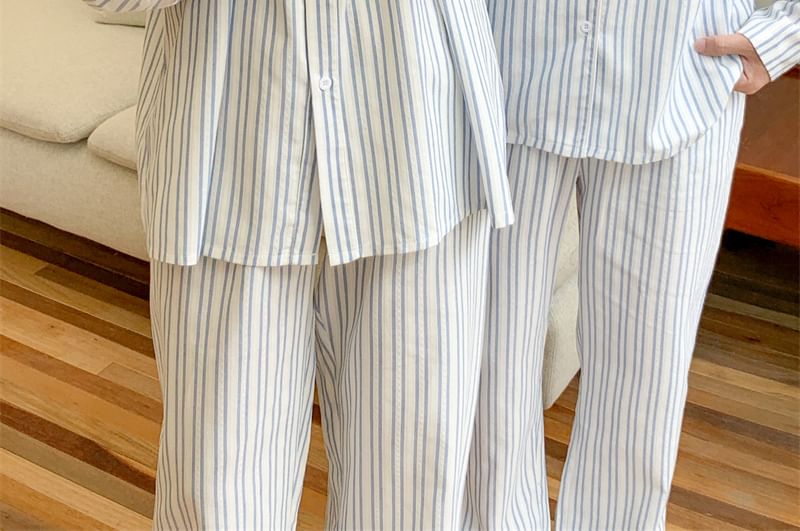 Couple Matching Long Sleeve Round Neck Striped Bow Pajama Blouse / Collared Shirt / Straight Leg Pants / Set (Various Designs)