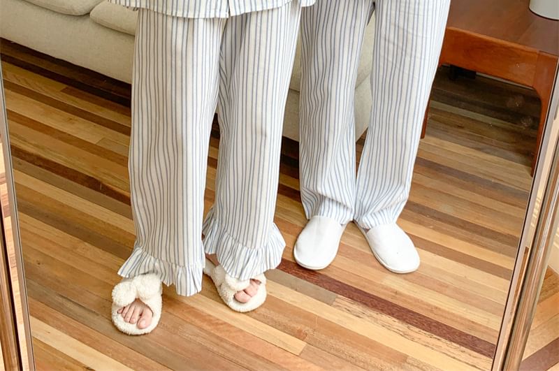 Couple Matching Long Sleeve Round Neck Striped Bow Pajama Blouse / Collared Shirt / Straight Leg Pants / Set (Various Designs)