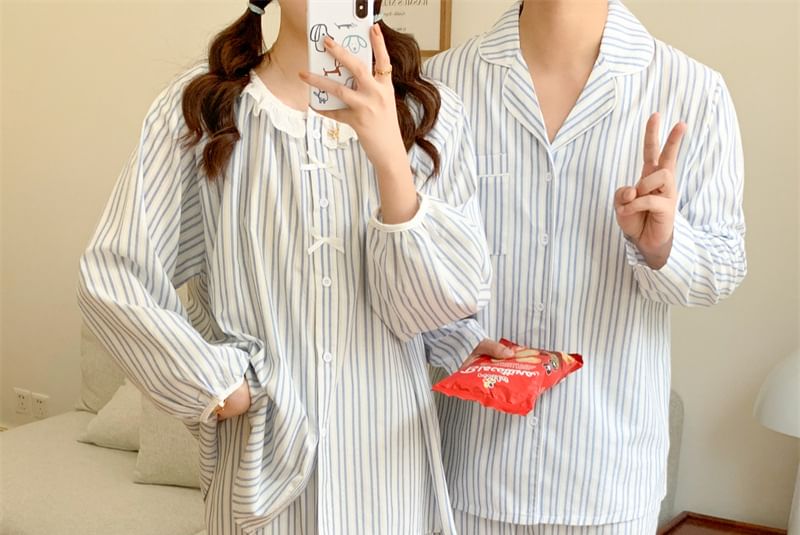 Couple Matching Long Sleeve Round Neck Striped Bow Pajama Blouse / Collared Shirt / Straight Leg Pants / Set (Various Designs)
