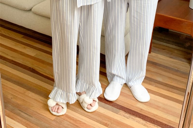 Couple Matching Long Sleeve Round Neck Striped Bow Pajama Blouse / Collared Shirt / Straight Leg Pants / Set (Various Designs)