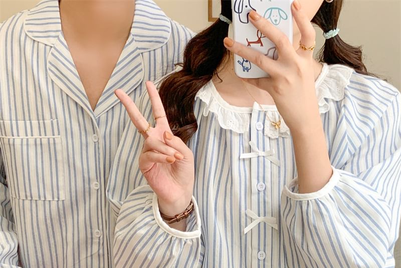 Couple Matching Long Sleeve Round Neck Striped Bow Pajama Blouse / Collared Shirt / Straight Leg Pants / Set (Various Designs)