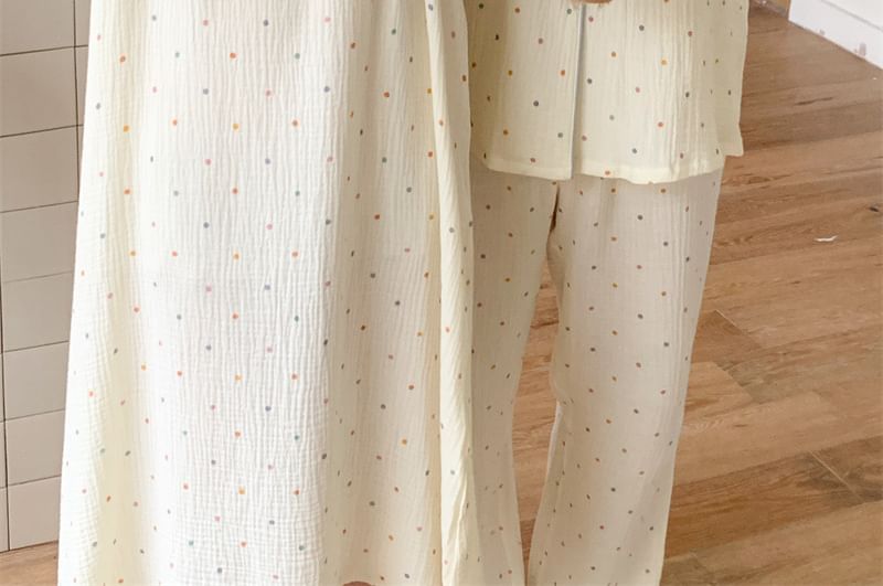 Couple Matching Long-Sleeve Dotted Button Pajama Top / Pants / Square Neck Midi Sleep Dress / Set