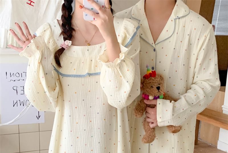 Couple Matching Long-Sleeve Dotted Button Pajama Top / Pants / Square Neck Midi Sleep Dress / Set