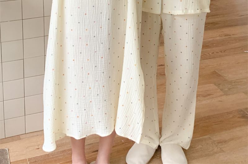 Couple Matching Long-Sleeve Dotted Button Pajama Top / Pants / Square Neck Midi Sleep Dress / Set