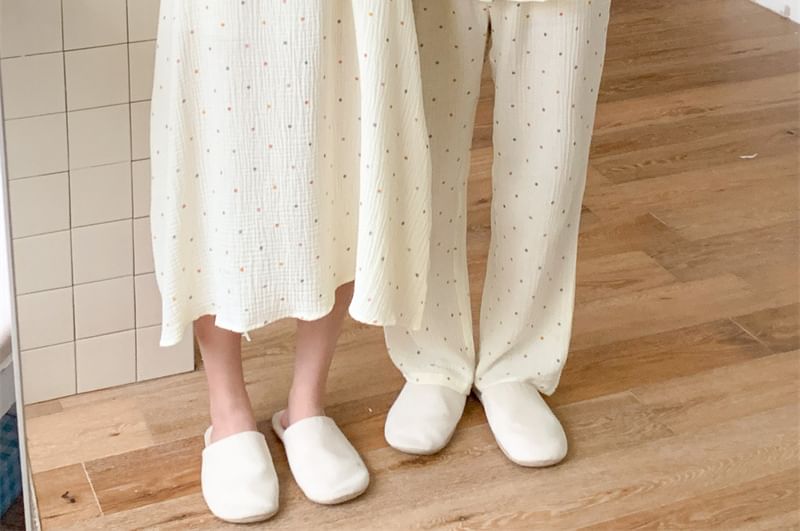 Couple Matching Long-Sleeve Dotted Button Pajama Top / Pants / Square Neck Midi Sleep Dress / Set