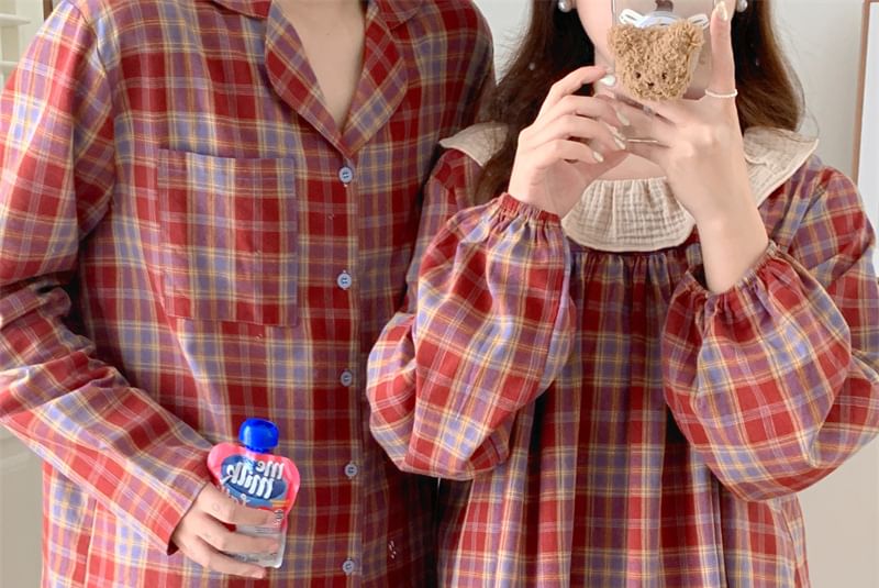Couple Matching Long-Sleeve Plaid Pajama Top / Pants / Midi Sleep Dress / Set (Various Designs)