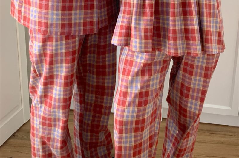 Couple Matching Long-Sleeve Plaid Pajama Top / Pants / Midi Sleep Dress / Set (Various Designs)