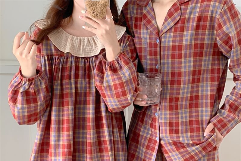Couple Matching Long-Sleeve Plaid Pajama Top / Pants / Midi Sleep Dress / Set (Various Designs)