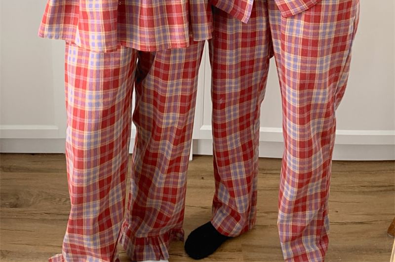 Couple Matching Long-Sleeve Plaid Pajama Top / Pants / Midi Sleep Dress / Set (Various Designs)