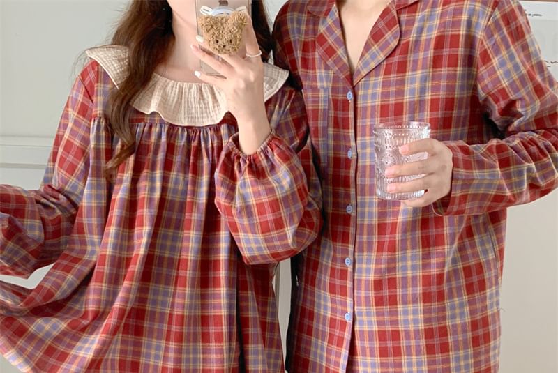 Couple Matching Long-Sleeve Plaid Pajama Top / Pants / Midi Sleep Dress / Set (Various Designs)
