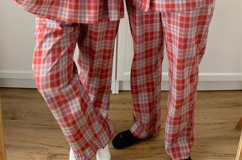 Couple Matching Long-Sleeve Plaid Pajama Top / Pants / Midi Sleep Dress / Set (Various Designs)