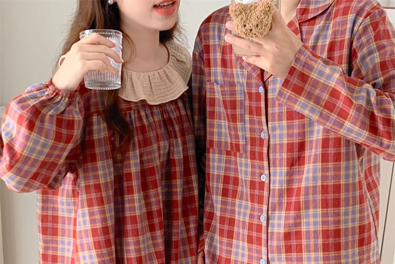 Couple Matching Long-Sleeve Plaid Pajama Top / Pants / Midi Sleep Dress / Set (Various Designs)