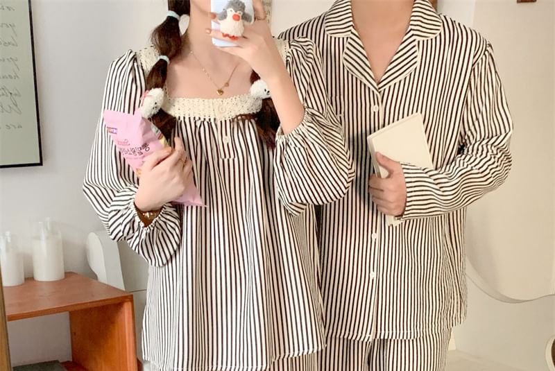 Couple Matching Long-Sleeve Striped Pajama Top / Pants / Midi Sleep Dress / Set (Various Designs)