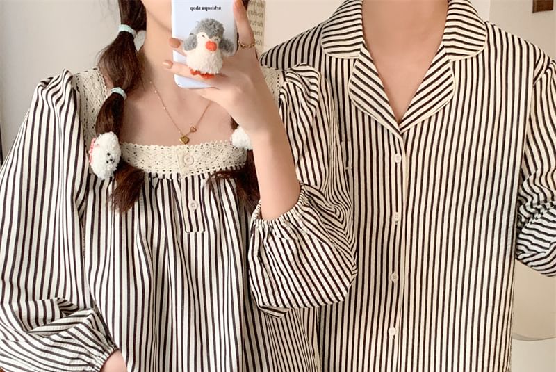 Couple Matching Long-Sleeve Striped Pajama Top / Pants / Midi Sleep Dress / Set (Various Designs)