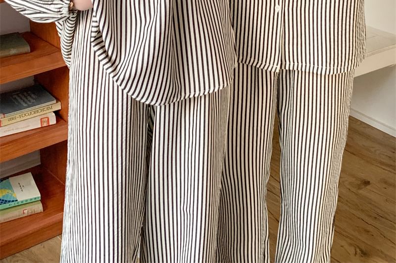 Couple Matching Long-Sleeve Striped Pajama Top / Pants / Midi Sleep Dress / Set (Various Designs)