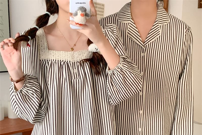 Couple Matching Long-Sleeve Striped Pajama Top / Pants / Midi Sleep Dress / Set (Various Designs)