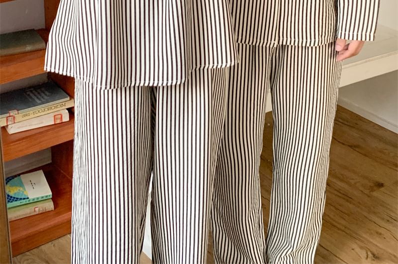 Couple Matching Long-Sleeve Striped Pajama Top / Pants / Midi Sleep Dress / Set (Various Designs)