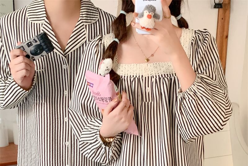 Couple Matching Long-Sleeve Striped Pajama Top / Pants / Midi Sleep Dress / Set (Various Designs)