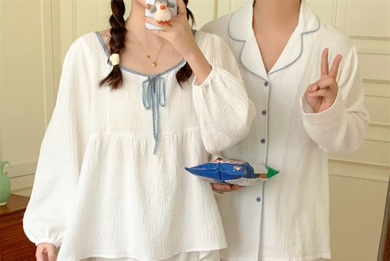 Couple Matching Long-Sleeve Contrast Trim Pajama Top / Pants / Midi Sleep Dress / Set (Various Designs)